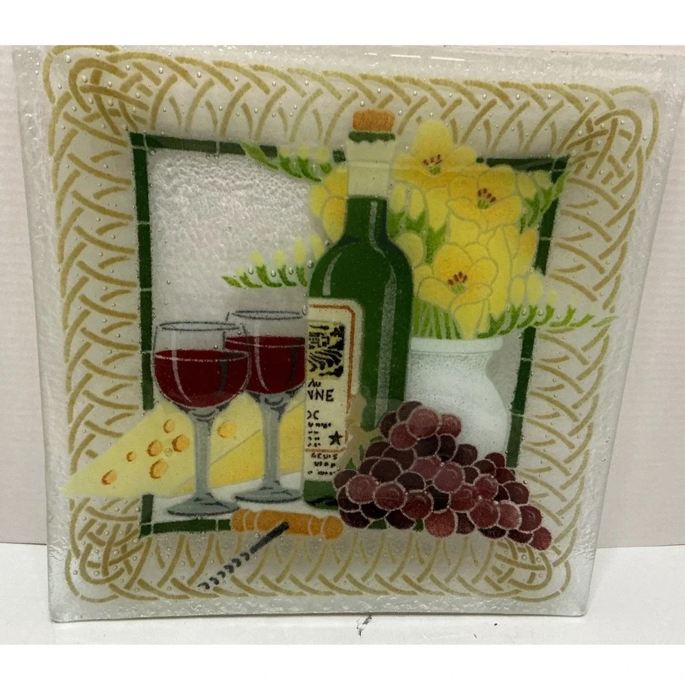 Glass‎ Platter Wine Cheese Grapes Still Life 11.5in Square Kitchen Decor